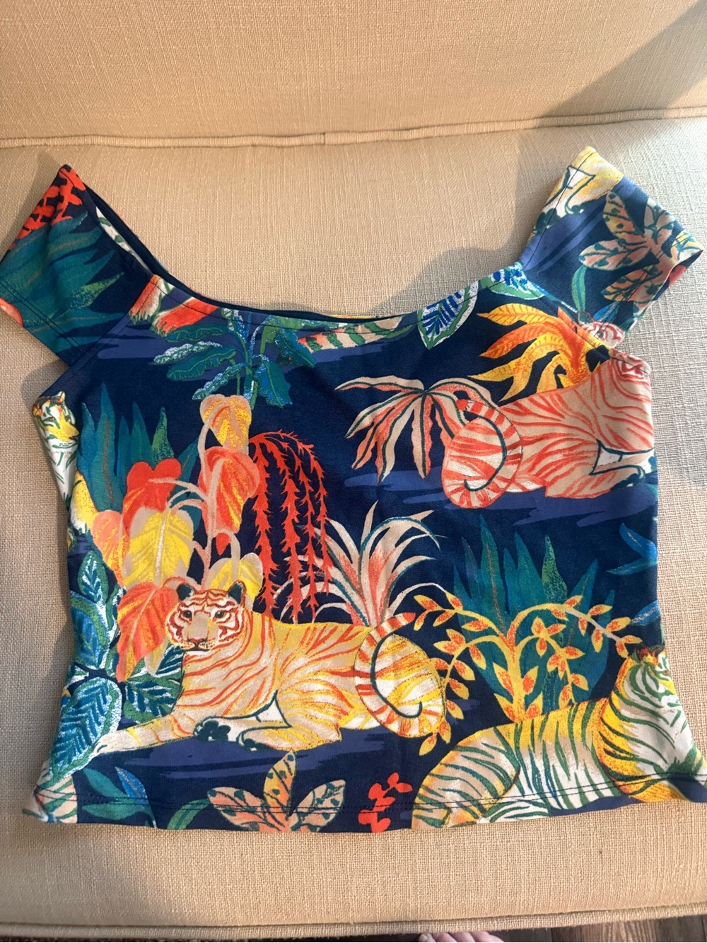 Anthropologie Navy Multicolor Tropical Tiger Print Crop Top